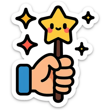 adorable magic wand held in a small hand, sparkling stars, kawaii style, colorful icon sticker