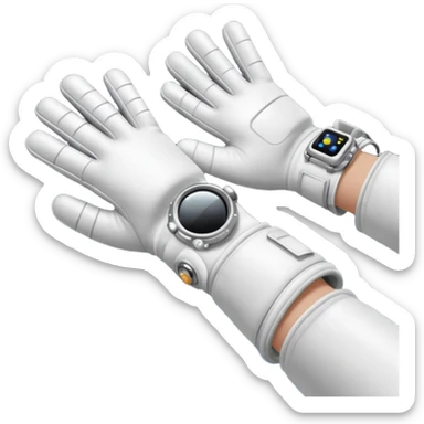 white pressurized astronaut gloves with metal wrist rings floating in space, 3D emoji style sticker