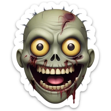 Cinematic Comical Zombie Portrait Emoji, with a grotesquely exaggerated yet playful decaying face in muted ashen tones, head cocked in a dramatically shocked expression with wildly comical, googly eyes and a gaping, silly grin revealing quirky stitches, simplified yet hilariously expressive, highly detailed with a soft eerie glowing outline capturing the absurd humor of a zombie in comic disbelief! sticker