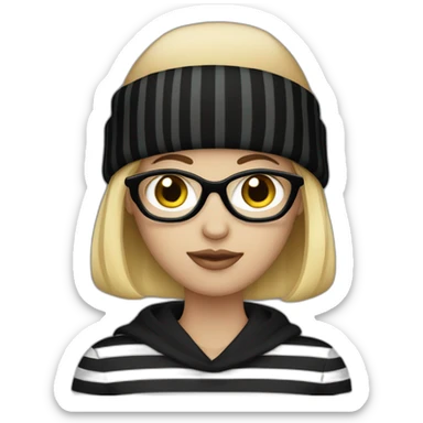 blonde woman in fully black beanie hat, black eye mask and striped shirt sticker