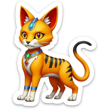 Colorful orange red black yellow Bastet-Gatomon-Vernid-Protogen-Digimon-Fakémon-Pokémon-creature  (full body) sticker