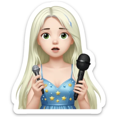 billie eilish is singing, holding mirco and twinkle dresss, white long hair, thin  sticker