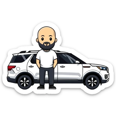 bald man with beard standing next to a white Kia Mohave SUV sticker