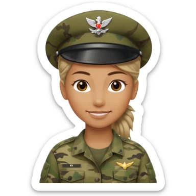 Apple emoji look — female soldier, no cap/helmet, bust, neutral smile, generic camo shirt, hair tied back, soft gradients, no weapon sticker