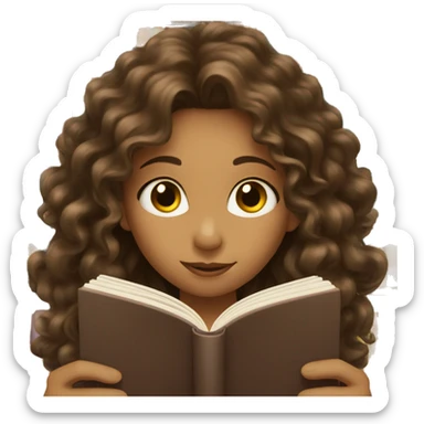 Girl with long curly brown hair reading a book sticker