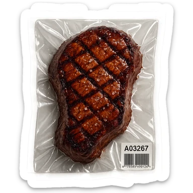 grilled steak with scattered small sparkling crystals, glossy, vacuum-sealed style sticker