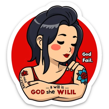 Hair stylist doing hair but with a small mole on the bottom left side of her cheek , black hair , and a tattoo on the side of her arm that say “god is within her , she will not fail” in red letters sticker