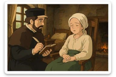 A doctor from the 1500s in Europe making written notes about a sick female patient in his care by carefully observing the patient who is ill and sitting in a chair in their home. sticker