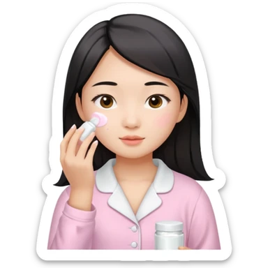 angelic asian girl doing skin care in baby pink pajamas, applying cream to her face sticker