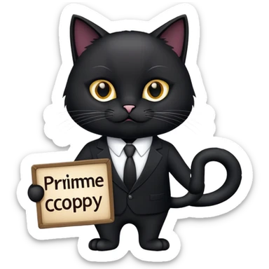 Black Cat in a black business suit holding a sign that says "PrimeCopy" sticker