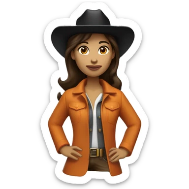 brunette cow girl tan skin skin, orange burnt coat, black hat sticker