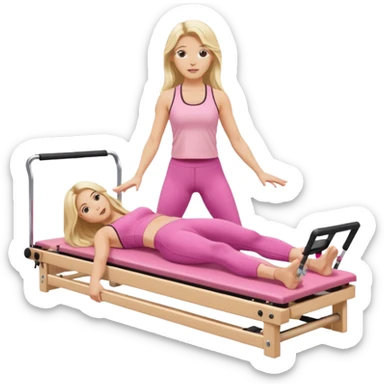 long haired blonde pilates instructor teaching reformer in pink set white reformer bed sticker