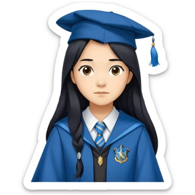 Cho Chang in harry potter, wear hogwarts Ravenclaw uniform, long black hair, not wearing hat sticker