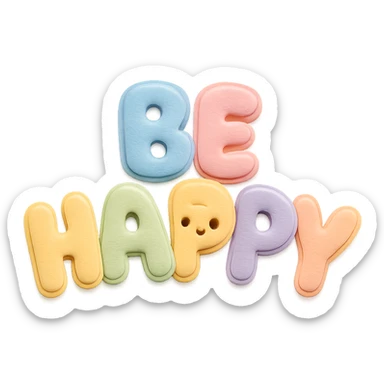 Soft pastel rainbow soft puffy text for "Be Happy", kawaii style, no frame, isolated design, transparent background sticker