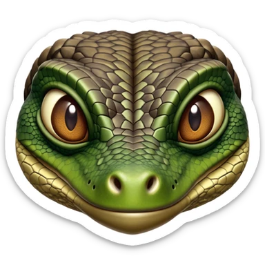 Cinematic Realistic Noble Monitor Lizard Portrait Emoji, Poised and imposing, with a robust, muscular build and a rugged, intricately scaled hide in natural olive and dark brown tones, a sharply defined head with intense, observant eyes, rendered with lifelike detail and authentic texture, high shine, intelligent and formidable, styled with an air of desert authority, focused and attentive, soft glowing outline, capturing the essence of a watchful and confident monitor lizard that appears ready to stride out of the screen with effortless power! sticker