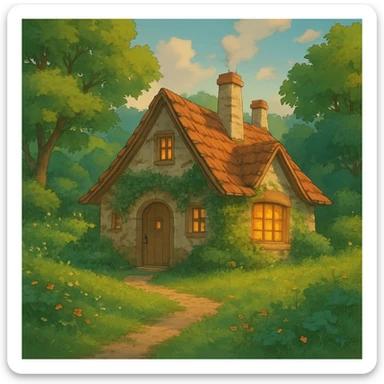 cozy cottage in a lush landscape with warm lighting in ghibli style sticker