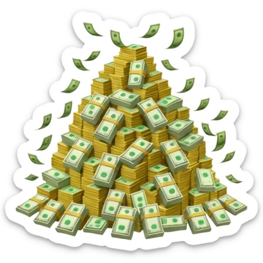 mountain of cash, with bags of money sticker