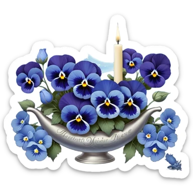 A mesmerizing celestial scene where deep blue pansies intertwine with delicate light blue flowers, their petals shimmering under the glow of a silver crescent moon. The background features a vast, dark sky illuminated by soft constellations, with zodiac symbols faintly glowing amidst swirling nebulae. A pearl-colored candle, engraved with intricate astrological glyphs, rests atop an elegant glass pedestal, reflecting the mystical starlight. Delicate silver rings and planetary orbits float subtly in the air, adding a cosmic rhythm to the composition. Tiny shooting stars leave trails of stardust, weaving between the flowers like whispers of forgotten prophecies. sticker