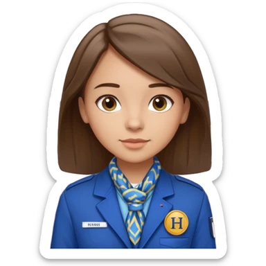 Young girl, straight hair, wearing uniform jacket with hotel name badge, tasteful scarf, stand behind the desk

 sticker