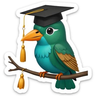 Un colibri con birrete de graduación y que el colibrí sea turquesa oscuro, que este se vea bastante realista  sticker
