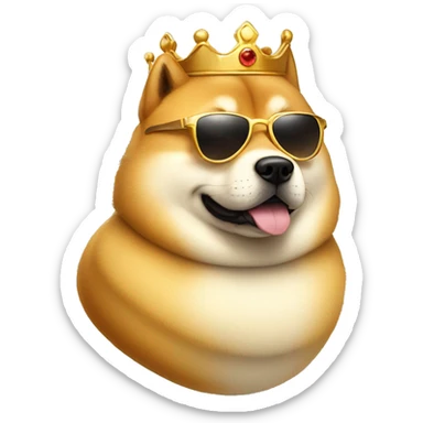 protrait side view of a cute fat doge with golden crown and sunglasses sticker