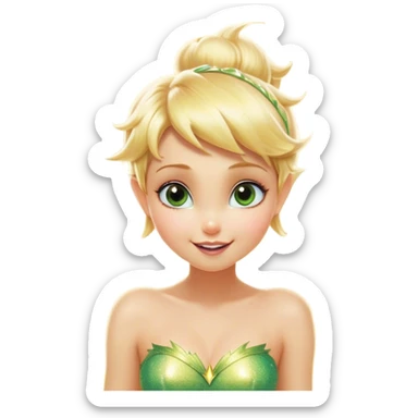 Cinematic Realistic Blonde Tinker Bell Fairy Portrait, head tilted dramatically with an exaggeratedly amused expression, featuring a striking, lively pixie form with radiant golden blonde hair and luminous, iridescent wings dusted with playful sparkles. Her expressive eyes brim with cheeky mischief, rendered with vibrant, lifelike textures and dynamic natural lighting that imbues the scene with an air of magical whimsy and over‐the‐top fairy fun. sticker