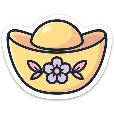 Chinese gold ingot with floral decor, icon-color-outlined style, detailed shadows and highlights, thin clean contours, soft rounded shapes, pastel palette #98B5BC, #B5B3C1, #C9A3C9, #E4C0CA, #F7DCD1, #F7C0AA, modern Japanese pop art and sticker aesthetics, high detail, vector sharpness, soft lighting, transparent background sticker