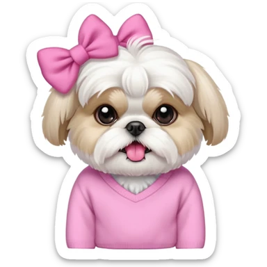 little all white shih tzu with pink bows & sweater tongue sticking out sticker