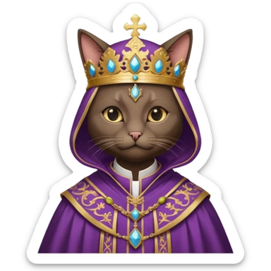 “Half-body humanoid figure with a realistic cat face, wearing ornate bishop robes and a mitre, dark gothic background, dramatic lighting, sticker