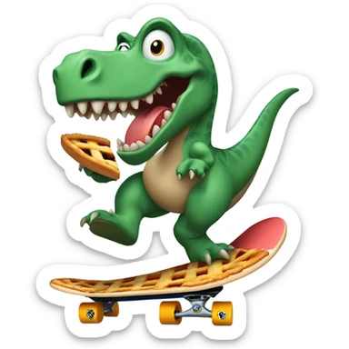 dinosaur on a skateboard with a pie sticker