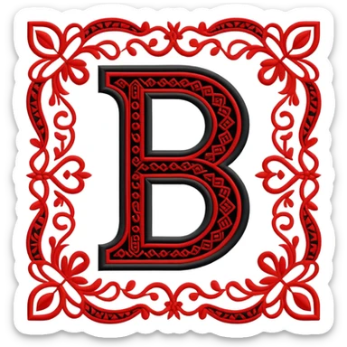 Stylized ruble sign (₽) with Udmurt traditional embroidery patterns, ethnic geometric decoration, red black and white colors sticker