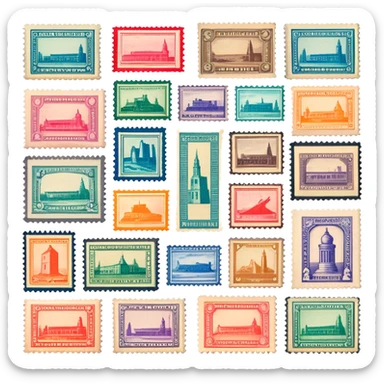 Icon for Stamp Collecting: a collection of vintage and colorful stamps arranged in an album or on a desk, with a large stamp block in the center showcasing different themes. The icon should reflect the charm and history of philately. Transparent background. sticker