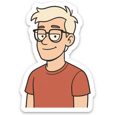 22-year-old white man with fair skin, white hair, and black glasses sticker