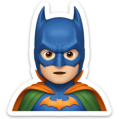 batman emoji with the mask in blue, wings in orange and cloak in green sticker