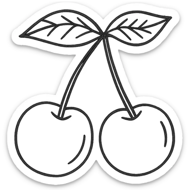 Two cherries with golden stems connected, paired with dark green leaves sticker