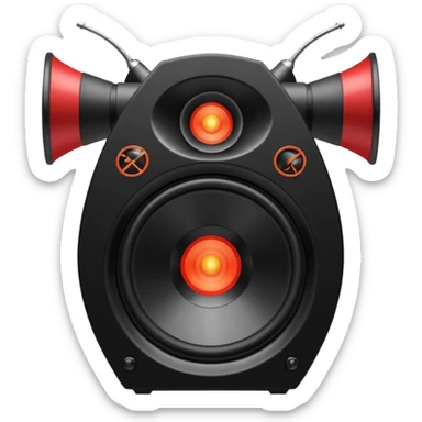 Head: A black KLIPSCH RP-8000F speaker, often represented with a red center or speaker cone.
Core: A small, bright glowing cherry-red circle representing his core.
Weapons: Shoulder-mounted speakers and plasma cannons on his arms.  sticker
