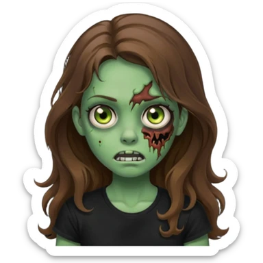 crie uma garotazoombie cabelo ondulado 2c longo castanho castanho comprido e blusa básica preta sem nada com pele esverdeada com rosto fofo sticker