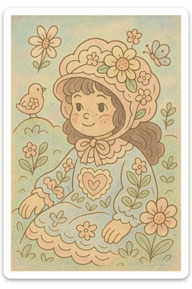 character inspired by coloring book drawings, in the style of Bobbie Goods and Cuzy, ghibli style sticker