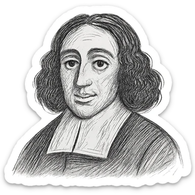 Enhance the Spinoza black outline icon with much more detailed, rich hand-drawn linework and texture to resemble a true drawing rather than a simple icon. Keep the pupils even, long curly hair, and 17th-century collar intact. Maintain transparent background. sticker