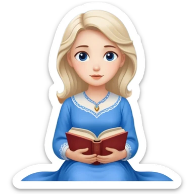 Cinematic Elegant Belle Portrait Emoji, Sitting with an open book, eyes dreamy with thought, her iconic blue village dress draped gracefully, exuding intelligence, kindness, and timeless charm! sticker