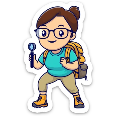 Very cheerful excited woman in her 40s with glasses wearing sporty outfit, hiking boots, and backpack, holding a magnifying glass with big smile sticker