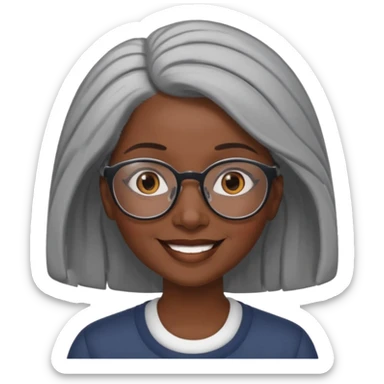 smiling dark black woman wearing glasses with lots of gray hair a sticker