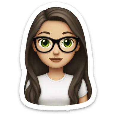 White girl with a dark brown long hair, green eyes,  and foxy glasses  sticker