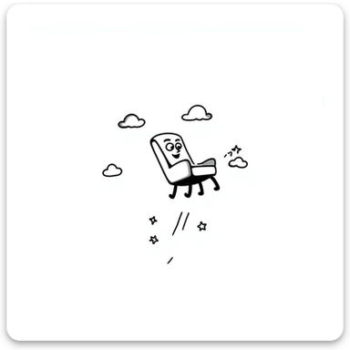 Hand-drawn flying chair with googly eyes and a happy expression, soaring through the sky sticker