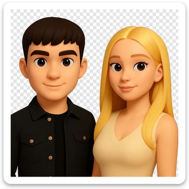 Slightly increase the volume of the upper body of the girl, separate the girl and the boy from each other, make the skin color the same for both. Maintain the cartoon style. Keep the background transparent. sticker
