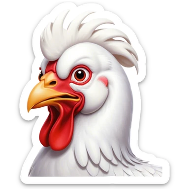 Cinematic Comical White Rooster Portrait Emoji, Head tilted dramatically with an exaggeratedly shocked or amused expression, featuring a striking pure white plumage with a bold red comb, wide, expressive eyes filled with playful disbelief, Simplified yet hilariously expressive features, highly detailed, glowing with a slightly sassy glow, high shine, dramatic yet playful, stylized with an air of cheeky mischief, bright and endearing, soft glowing outline, capturing the essence of a spirited and over-the-top rooster, so meme-worthy it feels like it could crow its way into internet fame instantly! sticker
