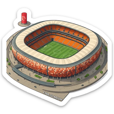 Изометричная, яркая, детализированная и фотореалистичная иллюстрация стадиона FNB Stadium в стиле 3D-коллажей городов, насыщенные цвета, аккуратные и чёткие линии, мультяшно-реалистичная стилистика. Чёткие контуры, не размазанные линии, прозрачный фон, высокое качество. sticker