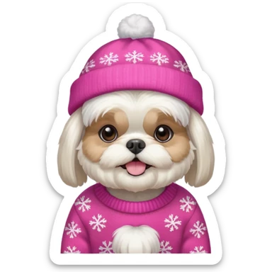white shih tzu with pink christmas sweater and hat sticker
