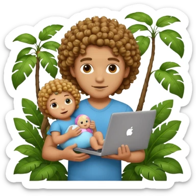 a guy with curly hair in the middle of the jungle holding a baby doll and a laptop, emoji style, more focus on the baby doll sticker