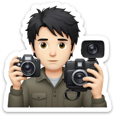 a white man with black messy hair holding a photo camera sticker